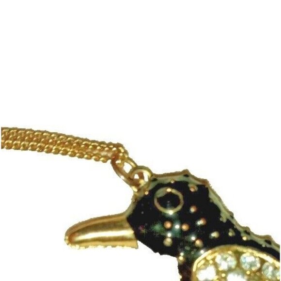 Vintage Gold Tone Black Enamel Penguin Pendant Necklace Clear Rhinestone Figural - Picture 5 of 7
